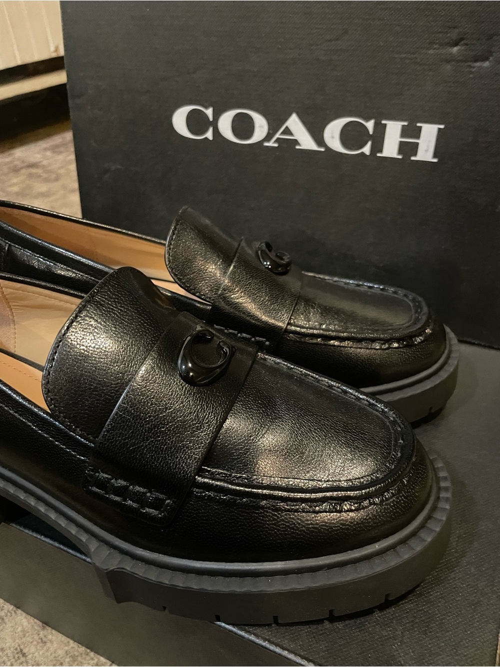 Leah Coach Black Leather Lug-Sole Penny Loafers size 6 NIB WOMEN’S - Picture 3 of 4